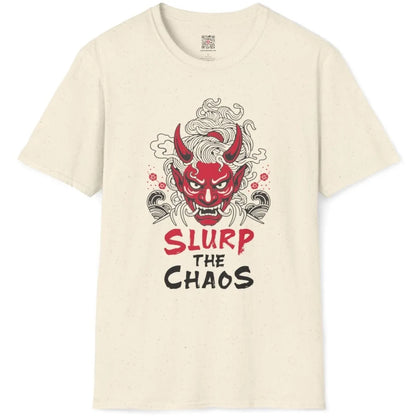 Natural t-shirt flatlay with red oni mask, ramen noodles, cherry blossoms, and bold typography, cultural fusion.