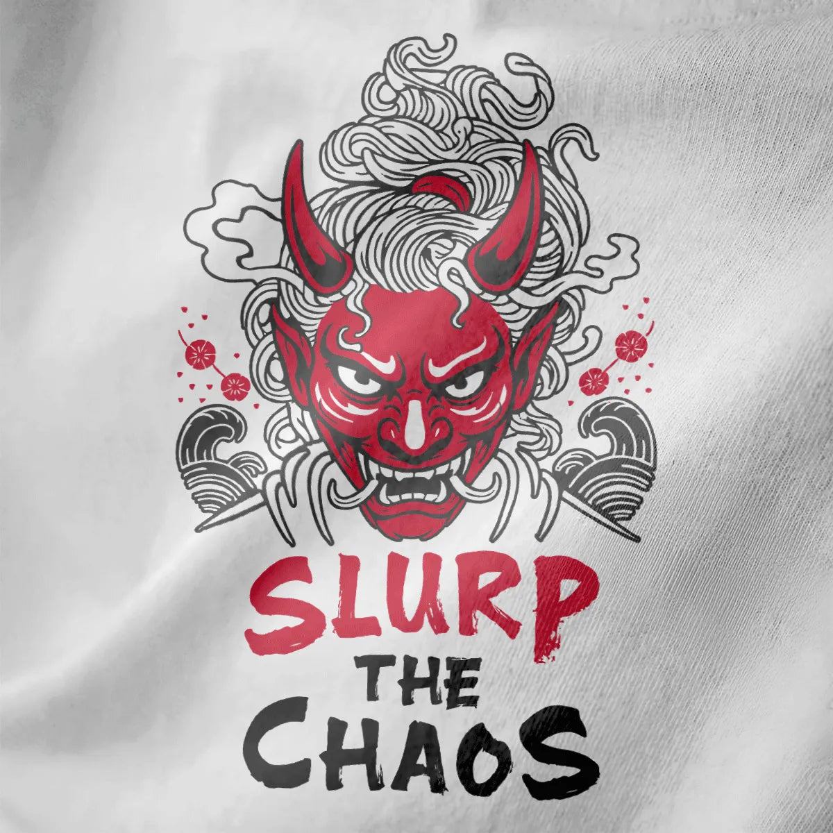 Close-up of red oni mask with swirling ramen noodles and cherry blossoms on white t-shirt, ramen t-shirt, japanese t-shirts.