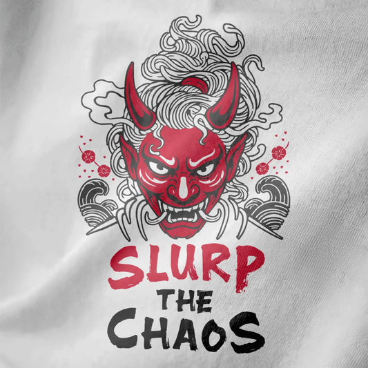 Close-up of red oni mask with swirling ramen noodles and cherry blossoms on white t-shirt, ramen t-shirt, japanese t-shirts.