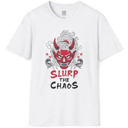 White t-shirt flatlay with dynamic red oni mask, ramen noodles, and cherry blossoms, ramen art, japanese t-shirts.