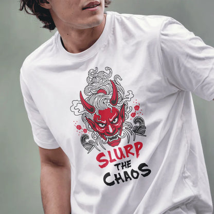 Male model in white t-shirt featuring red oni mask, ramen noodles, and bold "SLURP THE CHAOS" text, ramen t-shirt.