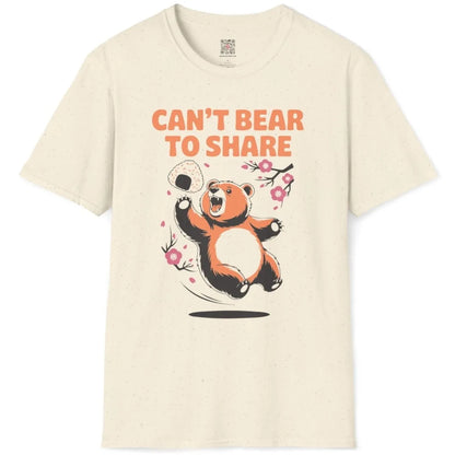 Natural t-shirt flatlay with playful bear, rice ball, and cherry blossoms, kawaii clothes, cultural symbolism.