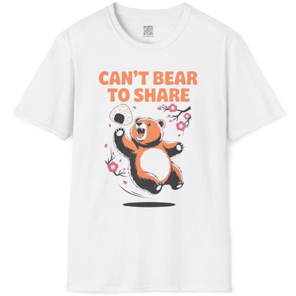 White t-shirt flatlay with cheerful bear, rice ball, pink cherry blossoms, and bold pun text, bear shirt.