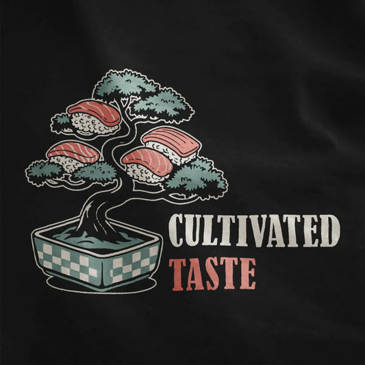 Close-up of bonsai tree with sushi and red text on black t-shirt, sushi shirt, fusion cuisine.