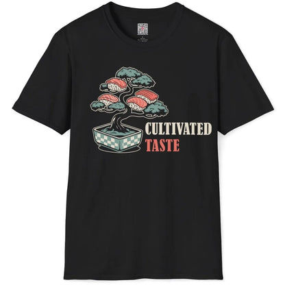 Black t-shirt flatlay with bonsai tree, sushi pieces, and bold red "TASTE" text, sushi t-shirt, modern fusion.