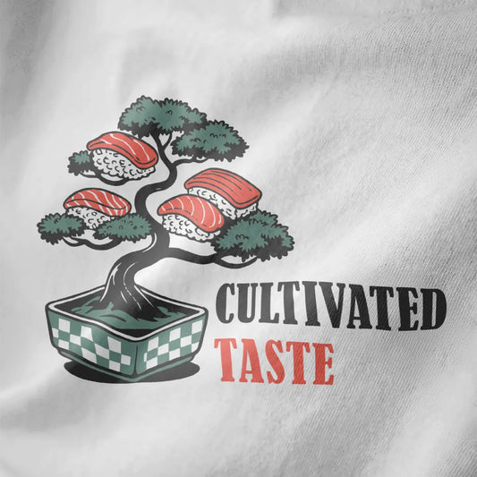 Close-up of bonsai tree with sushi pieces and bold "CULTIVATED TASTE" text on white t-shirt, sushi t-shirt.