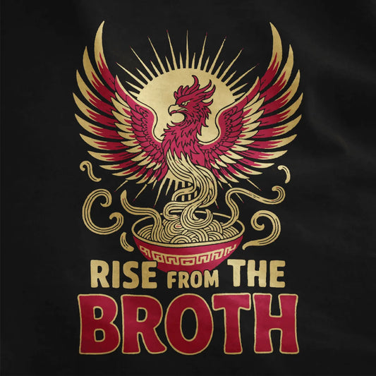 Close-up of red phoenix and noodles on black shirt, junk food shirt with bold ramen art and cultural fusion.