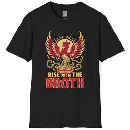 Black t-shirt flatlay featuring red phoenix rising from ramen, ramen t-shirt, vibrant style.