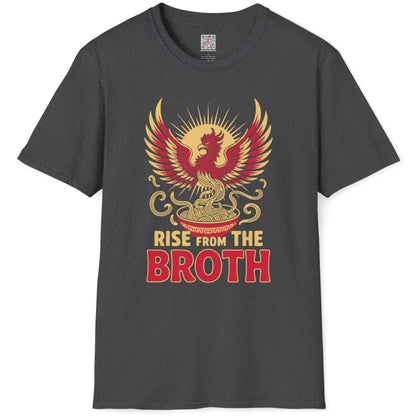 Dark heather t-shirt flatlay with dynamic red phoenix and ramen, junk food shirt, cultural symbols.