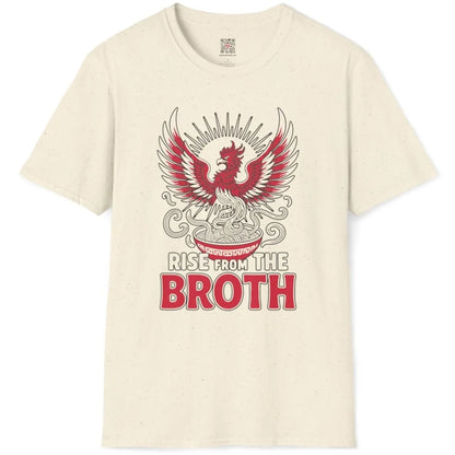 White t-shirt flatlay with phoenix and noodles, bold typography, japanese t-shirts, soulful design.