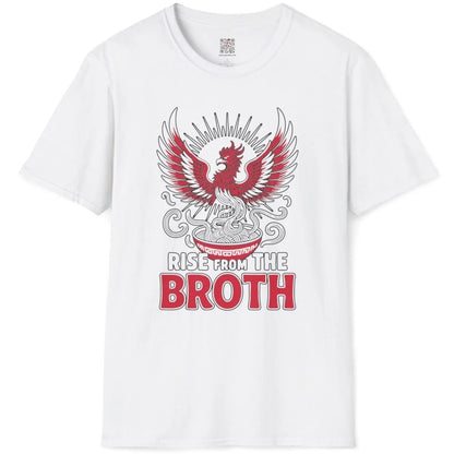 White t-shirt flatlay with phoenix and noodles, bold typography, japanese t-shirts, soulful design.
