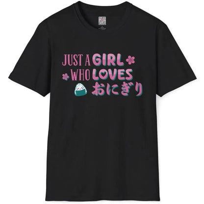Black flatlay tee with cheerful onigiri, pink sakura, and teal Japanese text, japanese style cartoon, food for design.
