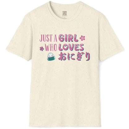 Natural flatlay tee featuring cheerful onigiri, pink cherry blossoms, and teal Japanese text, kawaii clothes.