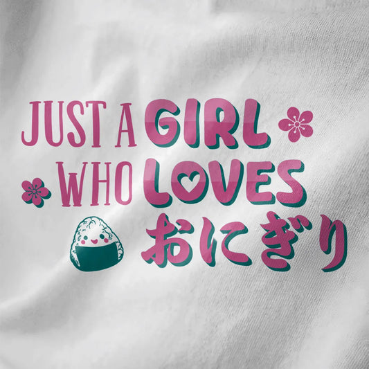 Playful onigiri graphic with pink cherry blossoms and teal Japanese text on white fabric, kawaii clothes, t shirt design.