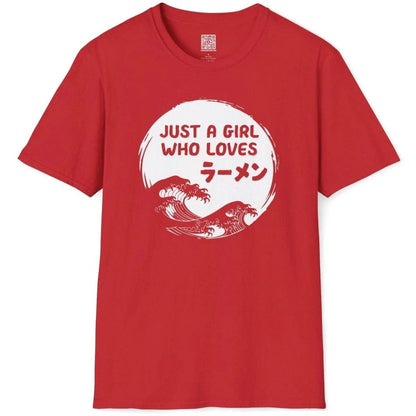 Red t shirt flatlay with white ramen text and stylized blue waves, japan t shirts, ramen t-shirt.