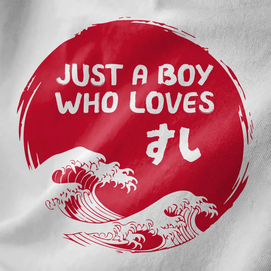 White t-shirt closeup with bold red sushi slogan and blue Japanese wave artwork, foodie style, Japanese t-shirts.
