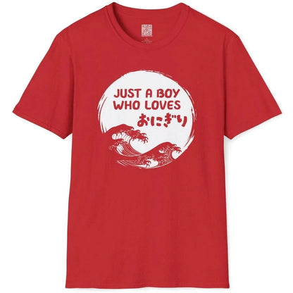 Red t-shirt flatlay with onigiri motif, bold text, and Japanese wave graphic. japanese wave hokusai, japanese good luck.