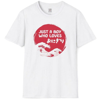 White flatlay t-shirt featuring onigiri slogan, blue wave circle, and modern Japanese design, foodie style.
