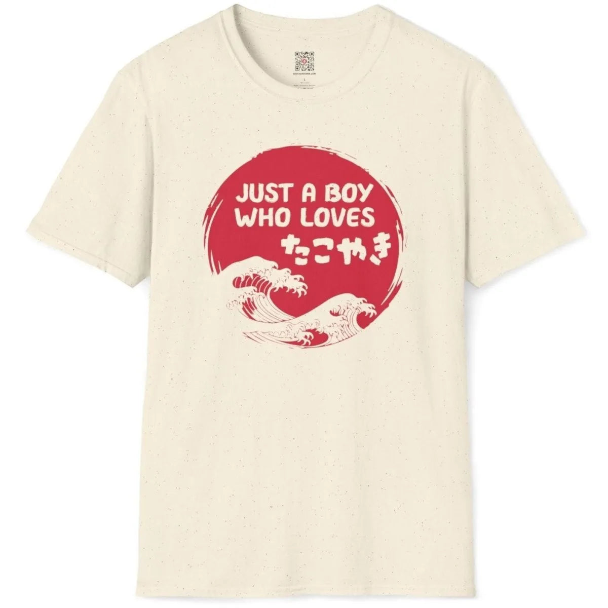 Natural flatlay t shirt with takoyaki, bold red text, and blue Japanese wave, japan cultural clothing.