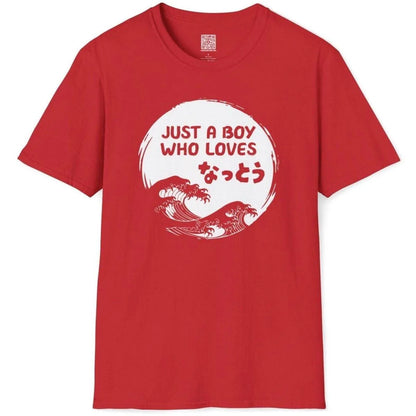 Red flatlay tee featuring natto, blue Japanese wave, and arched red lettering, japanese wood block art.