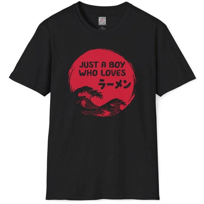 Flat black t shirt with red sun, white ramen text, and ukiyo-e style waves, ramen t shirt, japanese t shirts.
