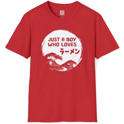 Red t shirt flatlay with white distressed text and Japanese wave, ramen t shirt, japanese graphic shirts.