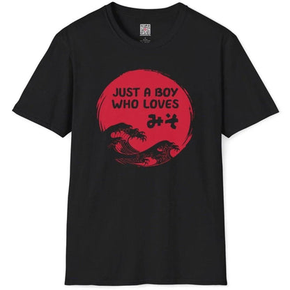 Flat black t shirt with miso wave, red text, and deep blue waves, japanese graphic tees, japan cultural clothing.
