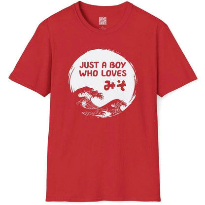 Red t shirt with miso wave, blue Japanese waves, and bold red text, japanese graphic shirts, japanese t-shirts.