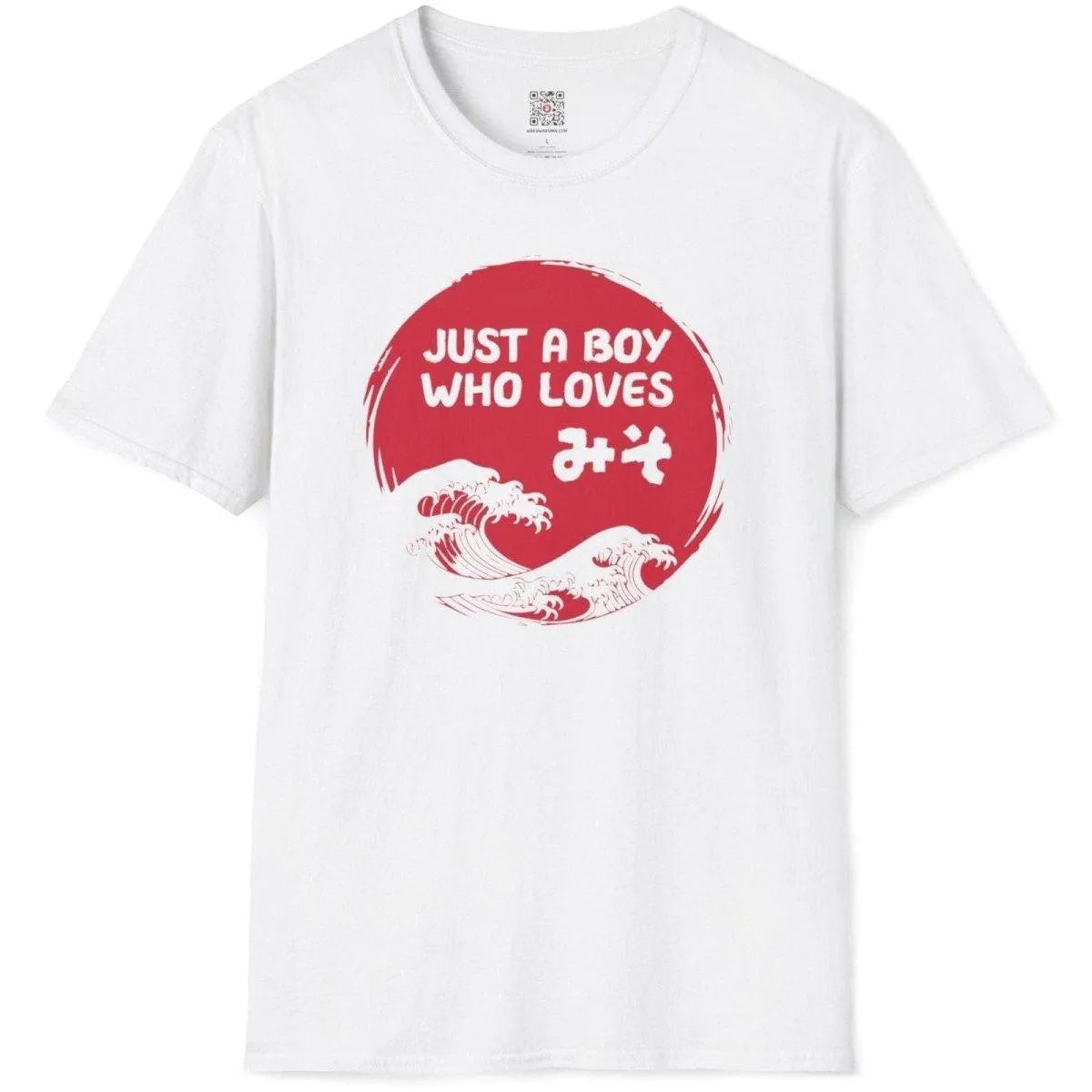 Flat white t shirt with miso wave, bold red and blue text, and stylized waves, japanese t shirts, symbolism japan.