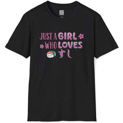 Black shirt with bold pink and teal sushi text, smiling sushi character, and flowers, sushi shirt, japanese t-shirts.