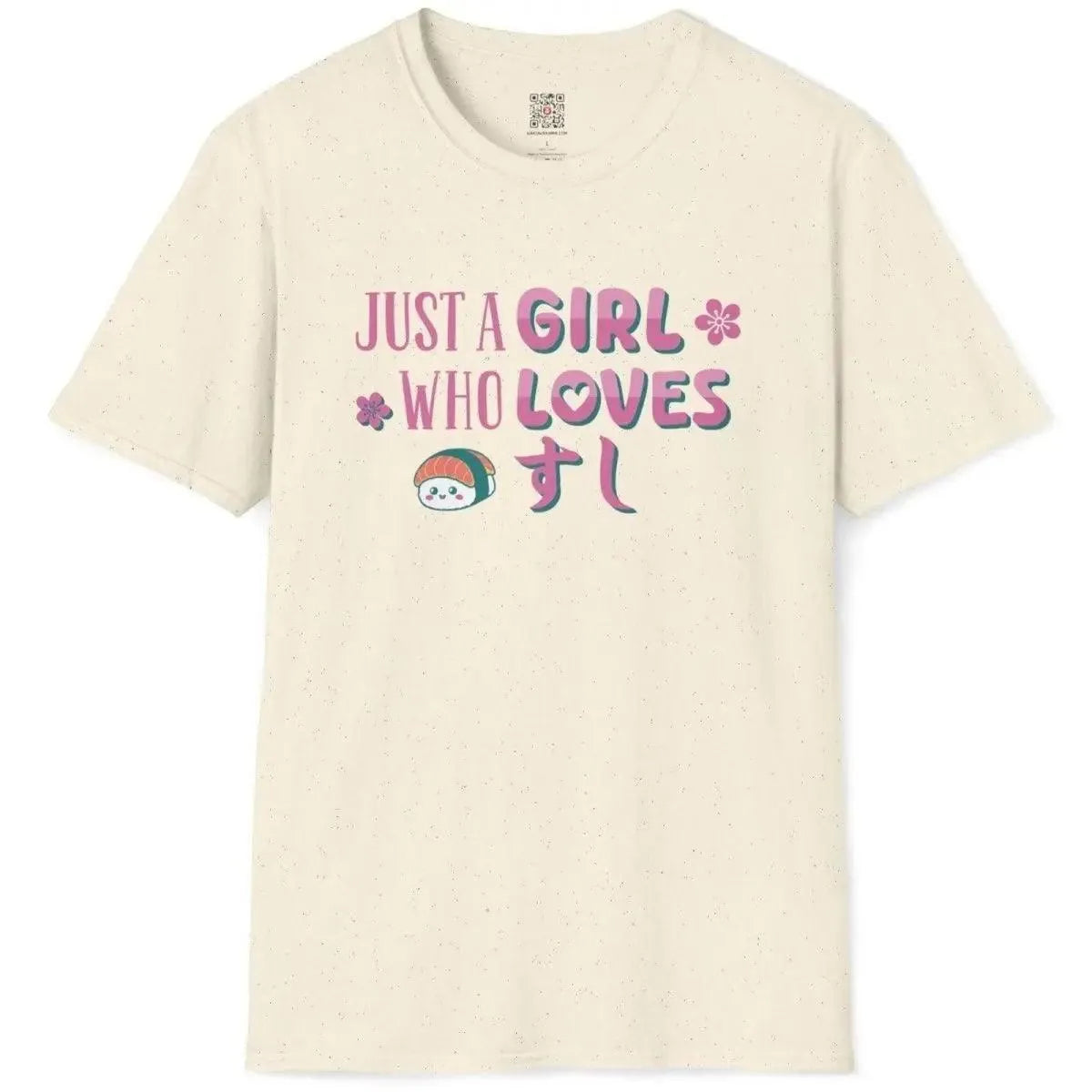 Natural tee with playful sushi text, smiling sushi character, and pink flowers, sushi shirt, japanese t-shirts.