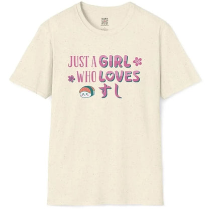 Natural tee with playful sushi text, smiling sushi character, and pink flowers, sushi shirt, japanese t-shirts.
