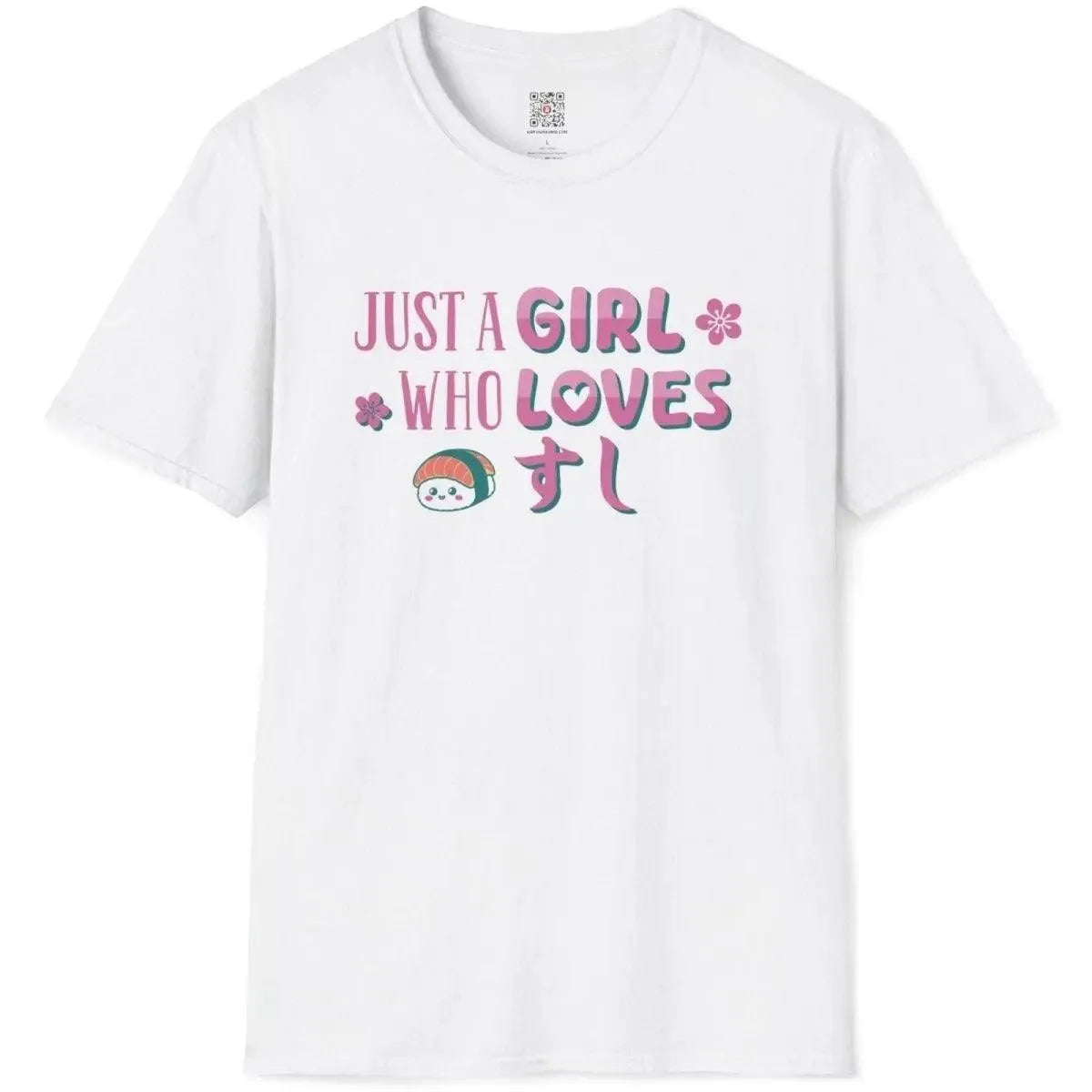 White shirt with playful sushi text, smiling sushi character, and pink flowers, sushi shirt, japanese t-shirts.