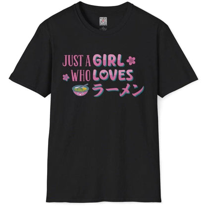 Black flatlay of ramen t-shirt with bold hand-drawn text, teal ramen bowl, and pink sakura flower accents.