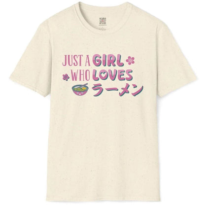 Natural flatlay of ramen t-shirt design featuring hand-drawn text, cherry blossoms, and smiling ramen bowl.