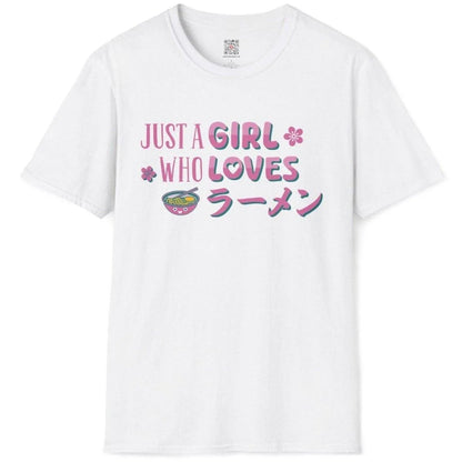 White flatlay of ramen shirt with playful Japanese graphic, pink and teal lettering, and cute ramen bowl.
