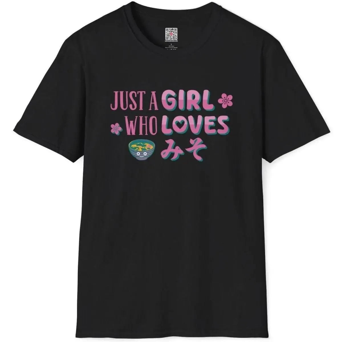 Black flatlay of miso t-shirt with whimsical hand-drawn text, sakura flowers, and kawaii miso soup bowl.