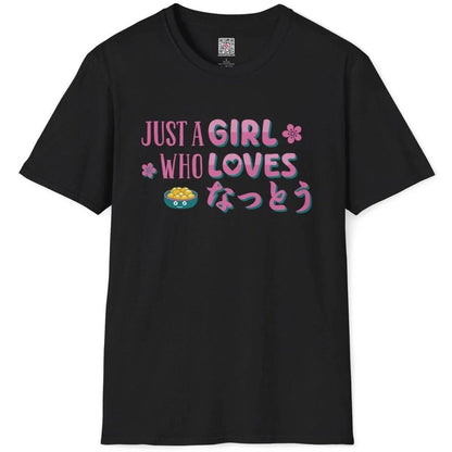 Black flatlay t-shirt with vibrant natto bowl, pink and teal slogan, and sakura flowers, kawaii clothes.