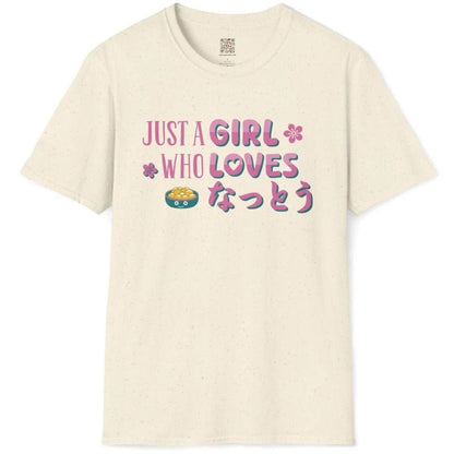 Natural flatlay t-shirt with cheerful natto bowl, pink sakura, and hand-drawn slogan, shirt designs simple.