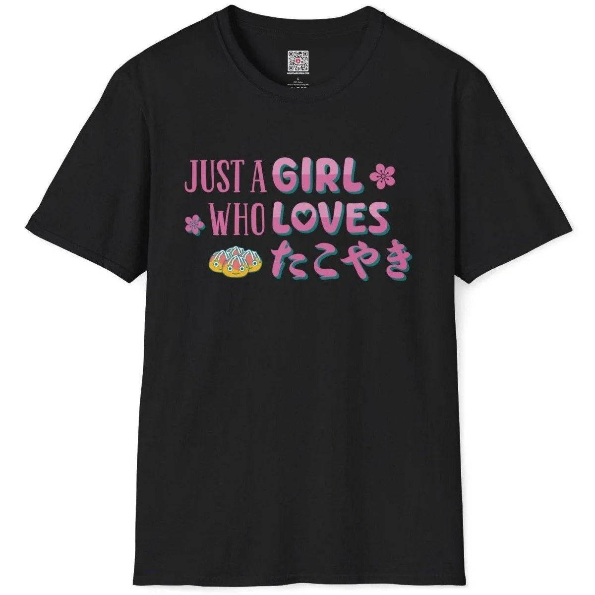 Black flatlay t-shirt with whimsical takoyaki balls, pink sakura, and bold slogan, kawaii clothes.