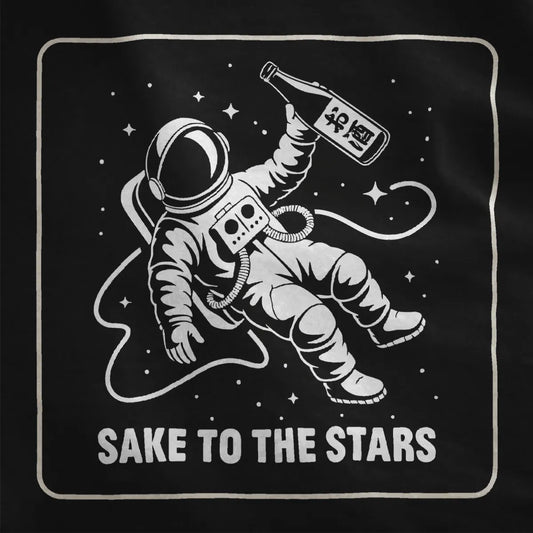 Black fabric close-up of astronaut floating with sake bottle, cosmic design, japanese t-shirts, modern fusion.