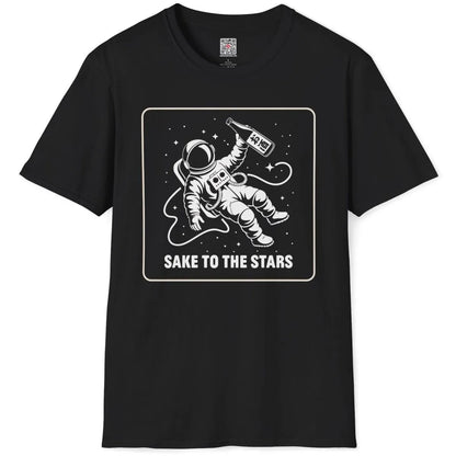 Black t-shirt flatlay with astronaut holding sake in starry space, japanese t-shirts, space shirt, cultural blend.