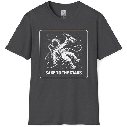 Dark heather t-shirt flatlay, astronaut floating with sake, modern fusion, japanese t-shirts, vaporwave fashion.