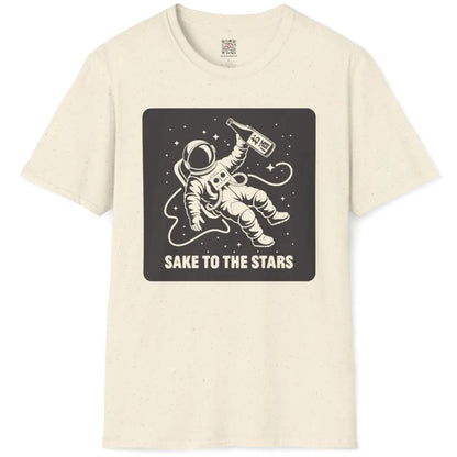 Natural t-shirt flatlay, astronaut in space with sake bottle, japanese t-shirts, quirky shirt, cosmic design.