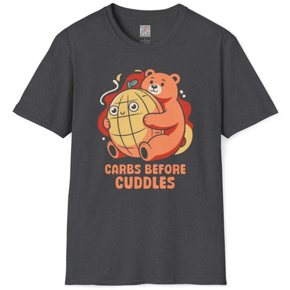 Dark heather t-shirt flatlay, bear and melon pan, cozy food, bear shirt, pastel aesthetics.