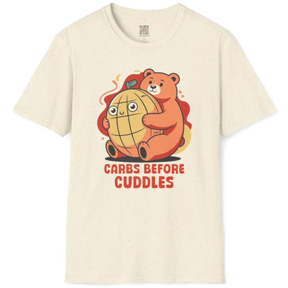 Natural t-shirt flatlay, bear hugging melon pan bread, whimsical illustration, pop art shirt, soft aesthetics.