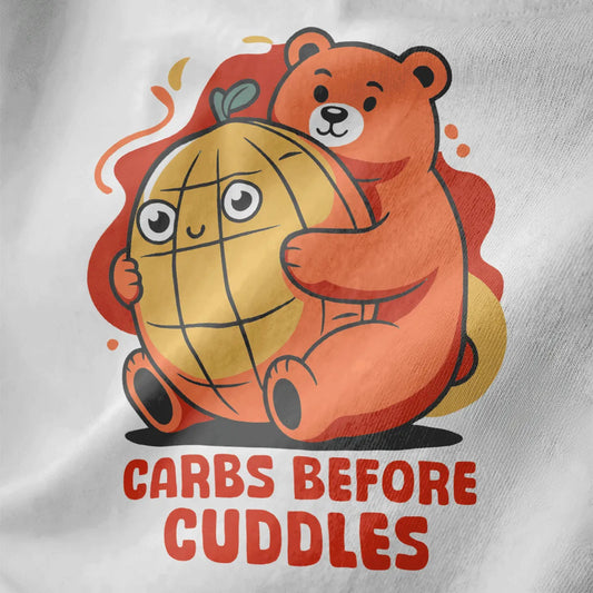 White fabric close-up of cute bear hugging melon pan bread, "CARBS BEFORE CUDDLES" text, bear shirt, kawaii clothes.