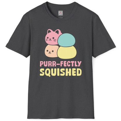 Dark heather t-shirt flatlay, mochi cat characters, soft aesthetics, junk food shirt, kawaii clothes.