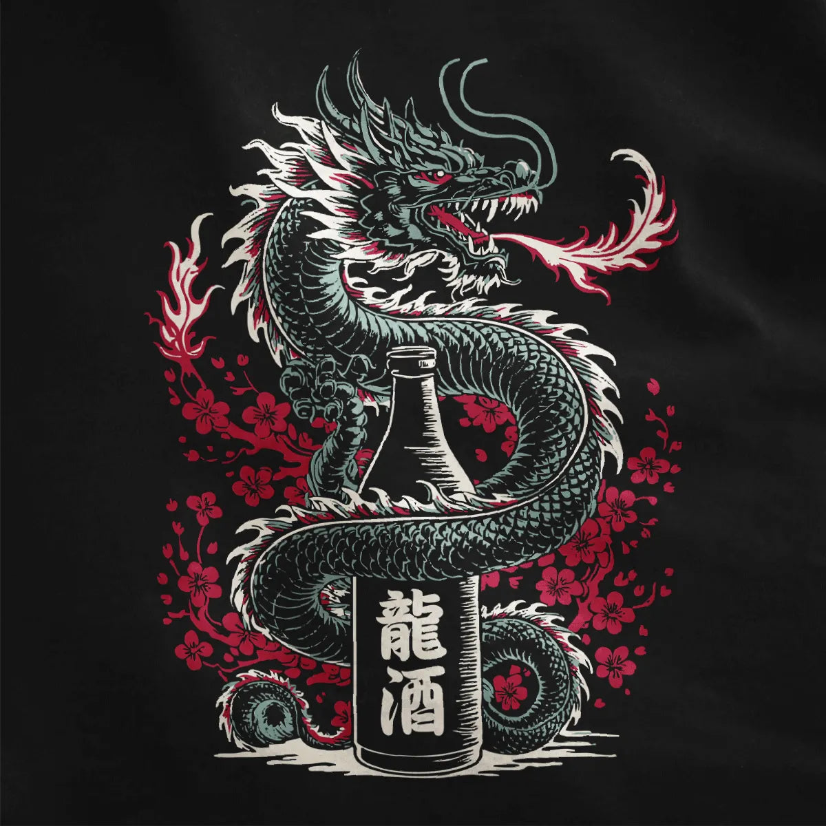 Detailed dragon coiled around sake bottle on black fabric, with red cherry blossoms, close-up.