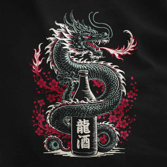 Detailed dragon coiled around sake bottle on black fabric, with red cherry blossoms, close-up.